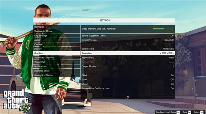 Настройки графики в меню для Grand Theft Auto V в Windows 10