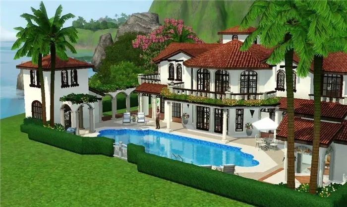 классный дом с бассейном на улице в sims 4