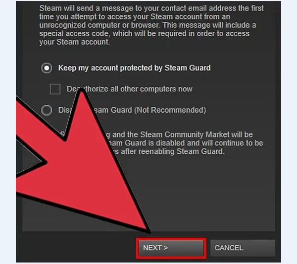 Нажмите кнопку 'Steam Guard' в окне 'Next' и введите код