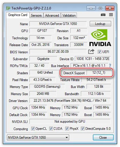 GPU-Z информация о максимальной версии библиотеки DirectX, поддерживаемой видеокартой