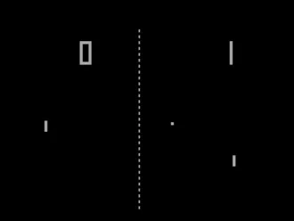 Горизонтальный прямоугольный снимок экрана видеоигры, показывающий игру в настольный теннис.