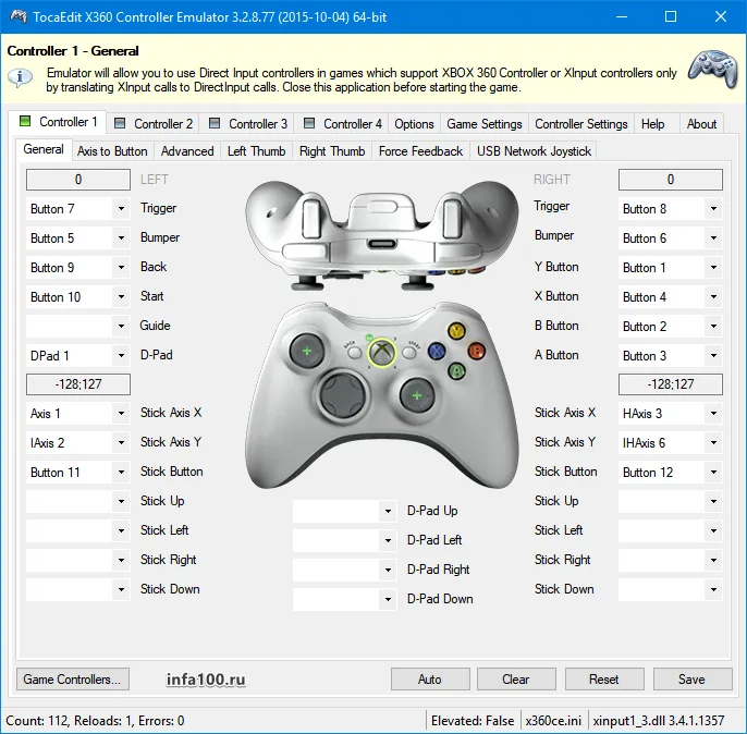 Главное окно эмулятора геймпада x360ce