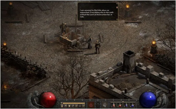 Красная и синяя сферы по обе стороны экрана обозначают резервуар здоровья и матери игрока (показано в игре Diablo II: Resurrected).